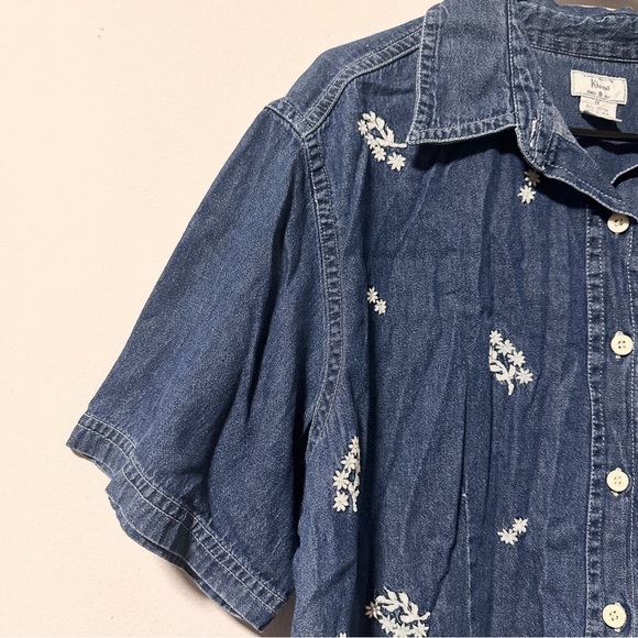 Vintage 90s Floral Embroidered Chambray Shirt Short Sleeve Women’s Plus Size 1X - Picture 5 of 14